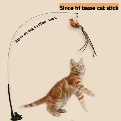 Simulated Bird Cat Toys Upgraded Epoxy Sucker Steel Wire Long Rod Feather Cat Teasing Stick Cat Self Hi No Harmful Ingredients