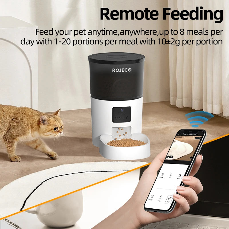 ROJECO Automatic Cat Feeder With Camera Video Cat Food Dispenser Pet Smart Voice Recorder Remote Control Auto Feeder For Cat Dog