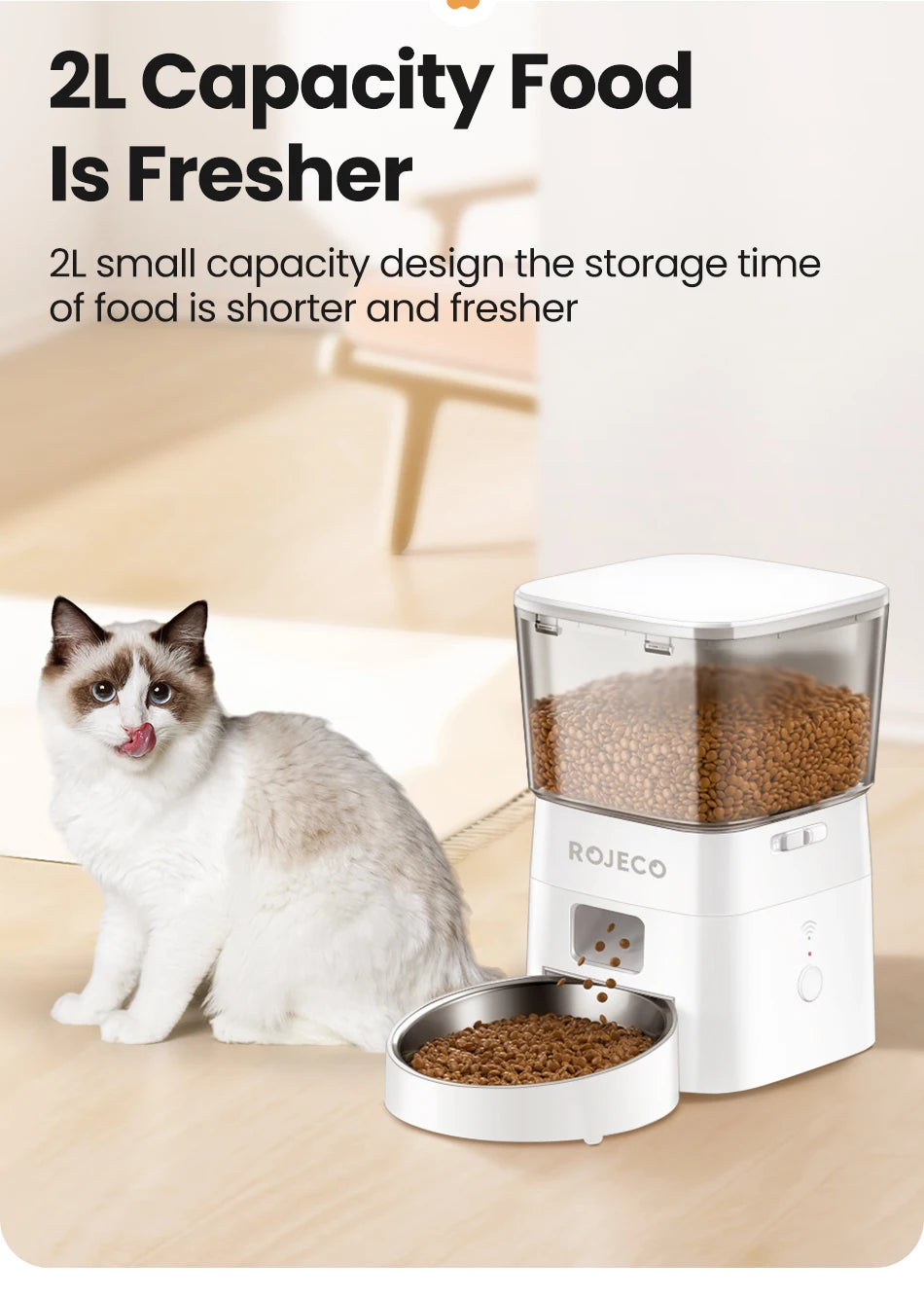 ROJECO 2L Automatic WIFI Cat Feeder Smart Pet Food Dispenser For Dry Food Dogs Kibble Dispenser With Remote Control Accessories